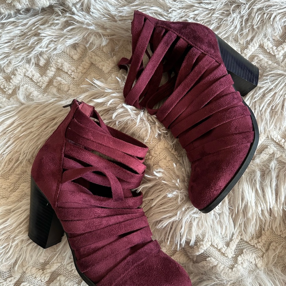 Women's Burgundy Strappy Heeled Ankle Boots
